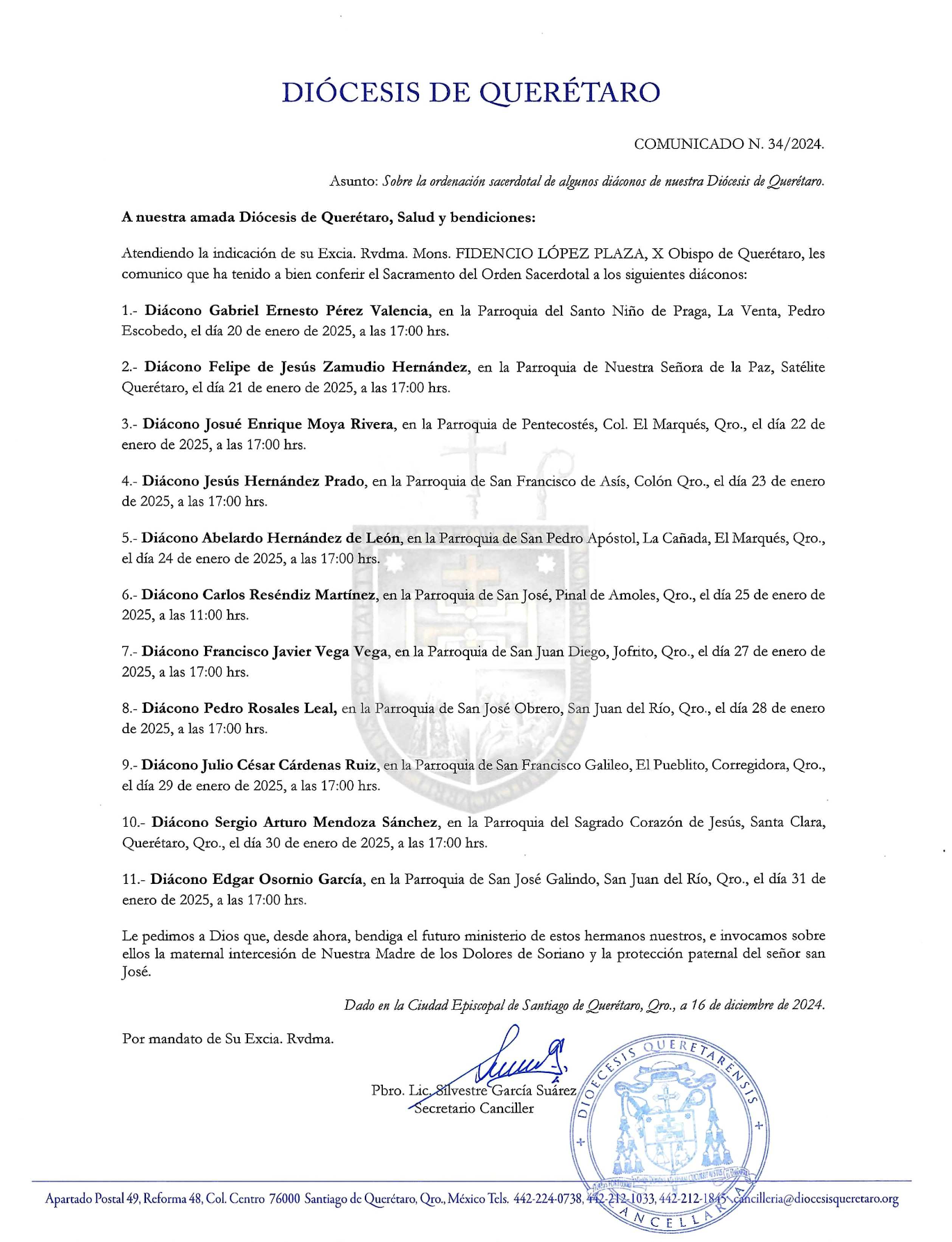 COMUNICADO 𝐍. 34/𝟐𝟎𝟐𝟒. Asunto: Sobre la ordenación sacerdotal de algunos diáconos de nuestra Diócesis de Querétaro.